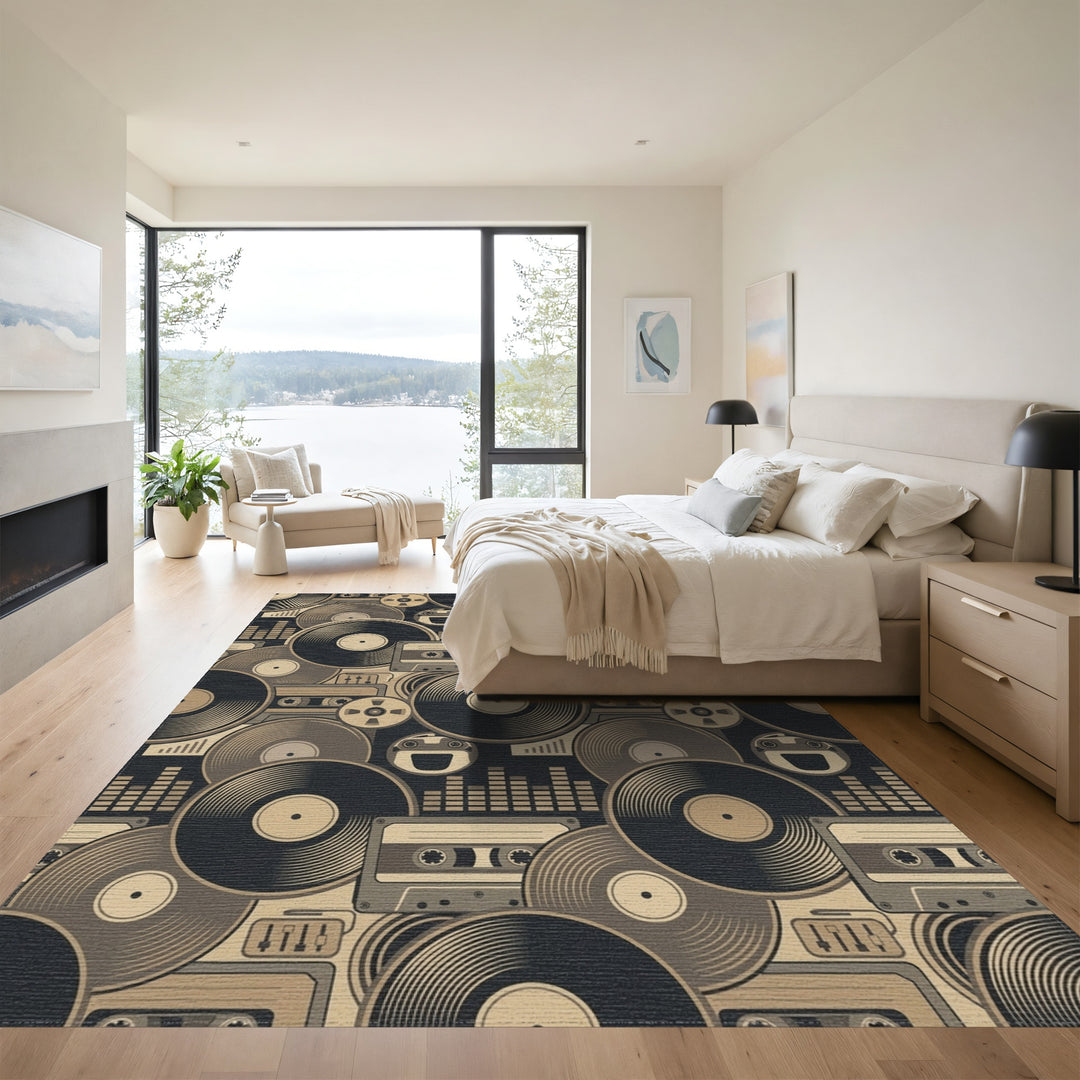 Retro Vinyl Record Cassette Tape Assemblage Rug
