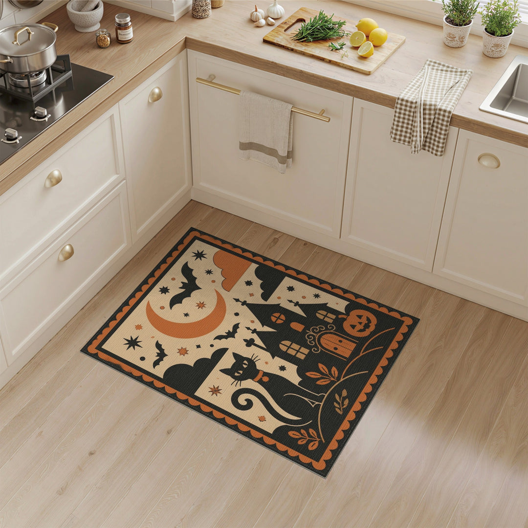 Orange Vintage Black Cat Halloween Area Rug