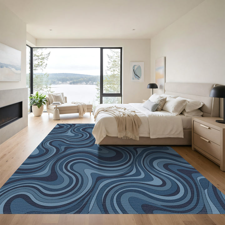 Indigo Swirling Stripe Abstract Rug