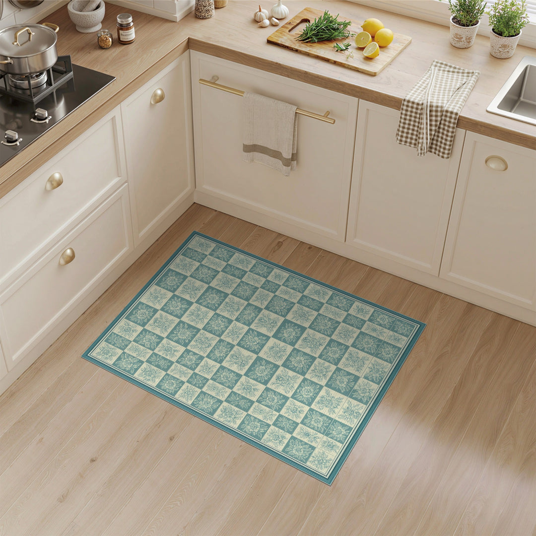 Teal Floral Checkerboard Vintage Area Rug