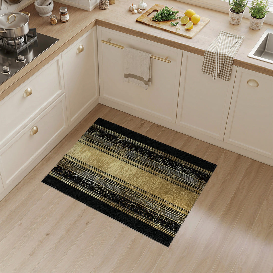 Gold and Silver Black Gold Geometric Striped Area Rug