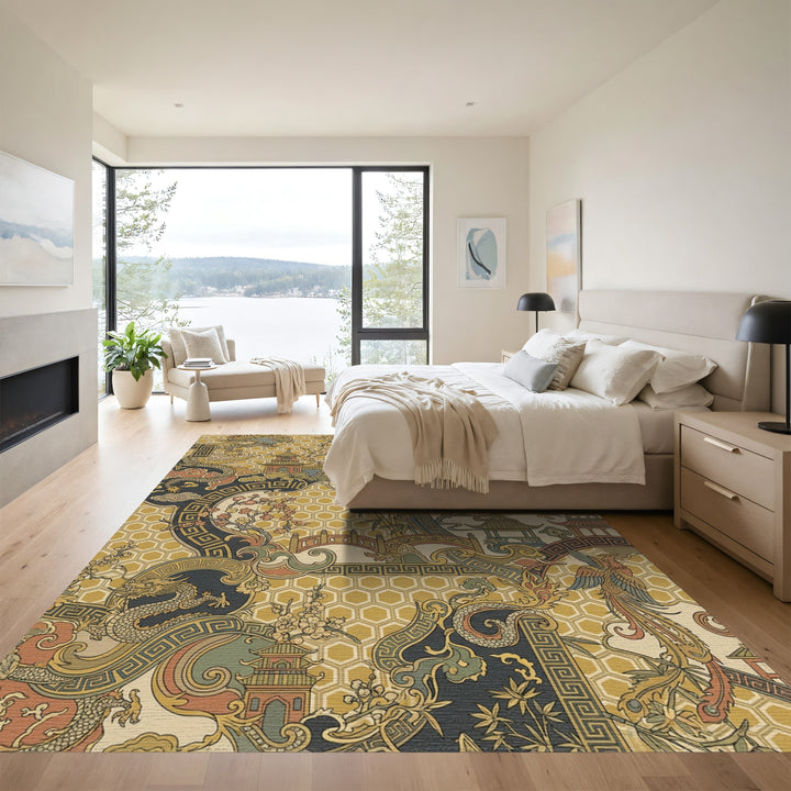 Golden Dragon Phoenix Pagoda Landscape Rug