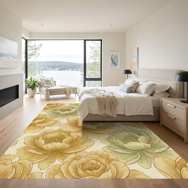 Golden Olive Peony Floral Harmony Rug