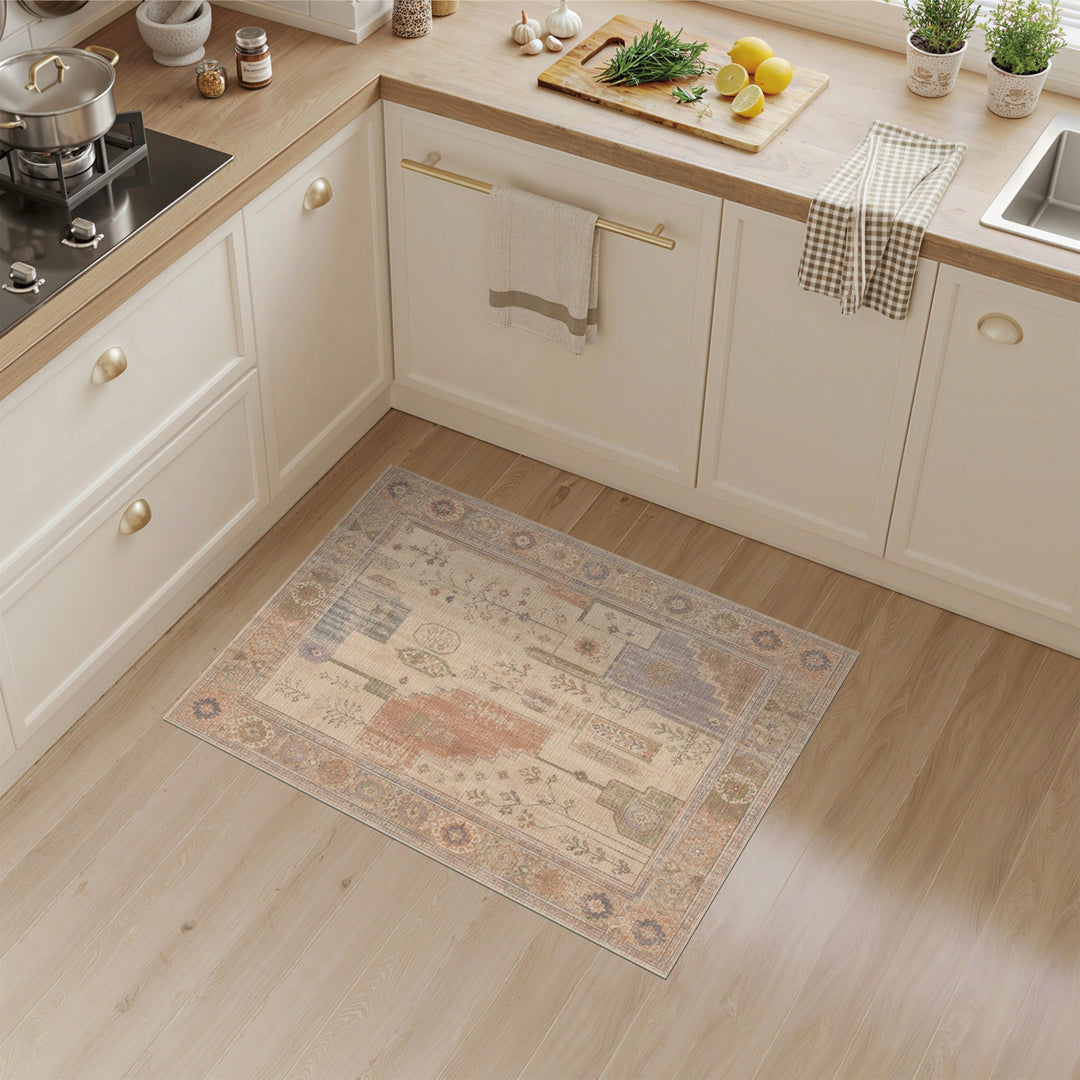 ODIKA Distressed Vintage Beige Floral Area Rug