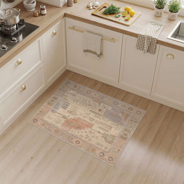 ODIKA Distressed Vintage Beige Floral Area Rug