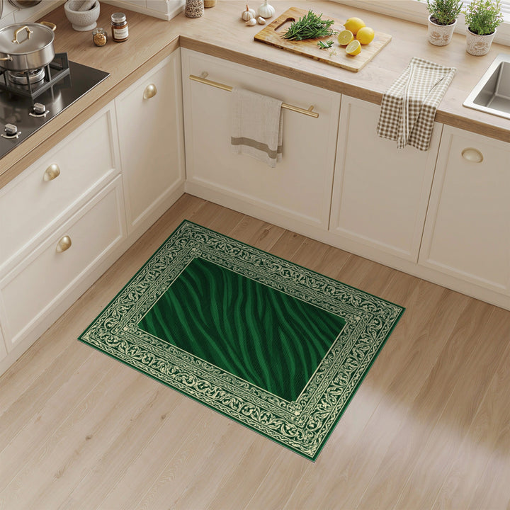 Green Zebra Striped Ornate Vintage Area Rug