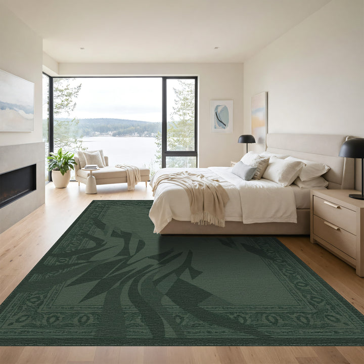 Deep Green Abstract Swirl Border Rug