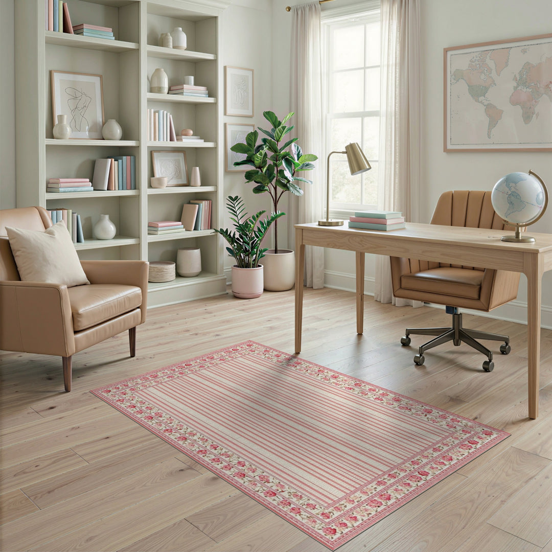 Pink Floral Vintage Striped Area Rug