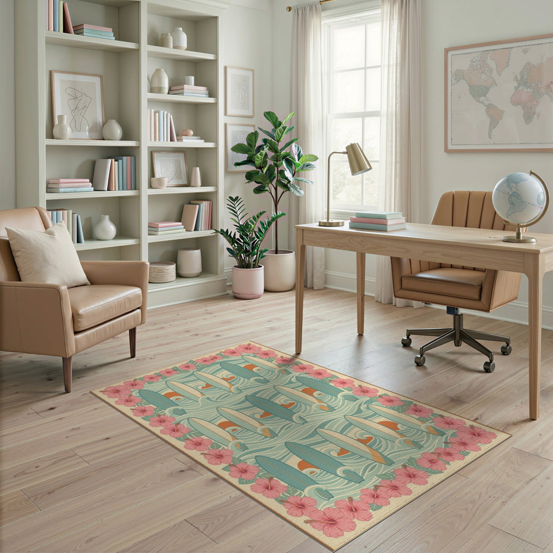 Surfboard Wave Hibiscus Coastal Area Rug
