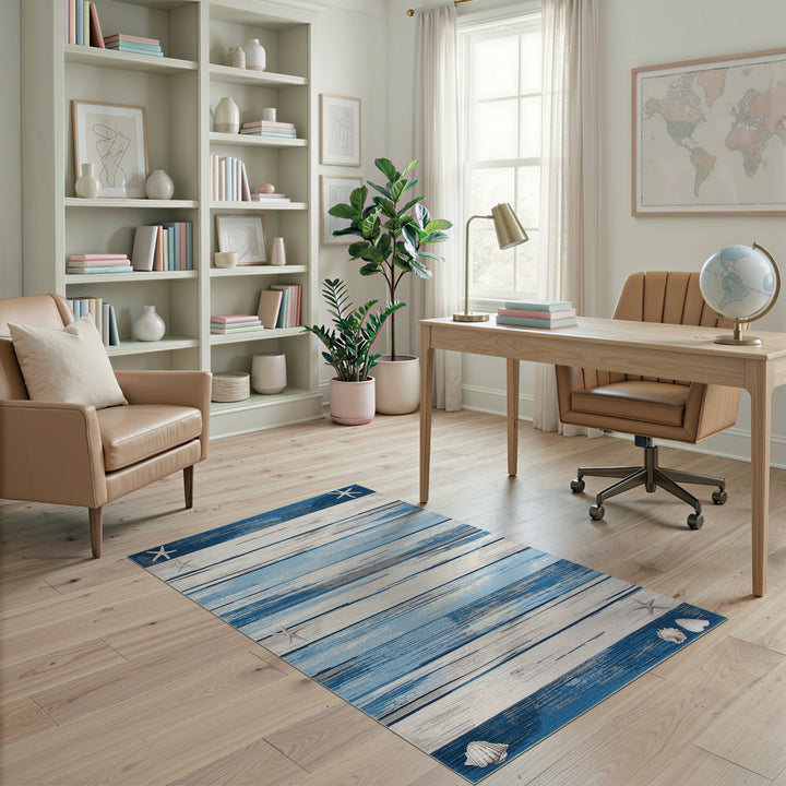 Blue Coastal Starfish Striped Area Rug