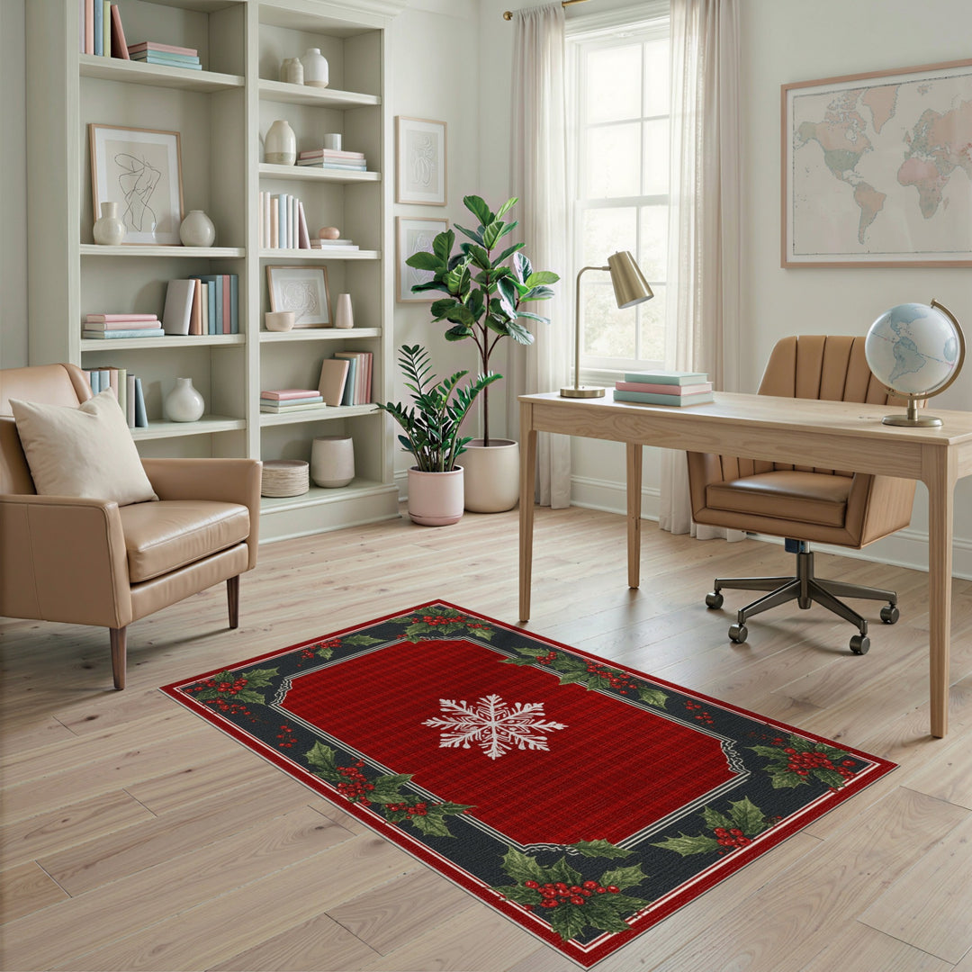 Red Plaid Snowflake Holly Area Rug