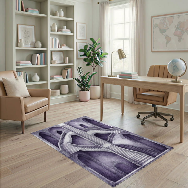 Purple Ornate Staircase Distressed Rug