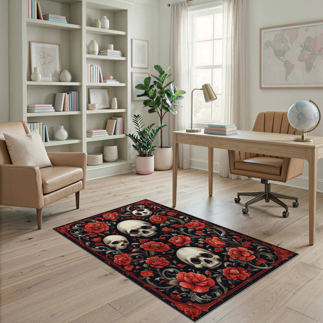 Gothic Skull Red Floral Area Rug