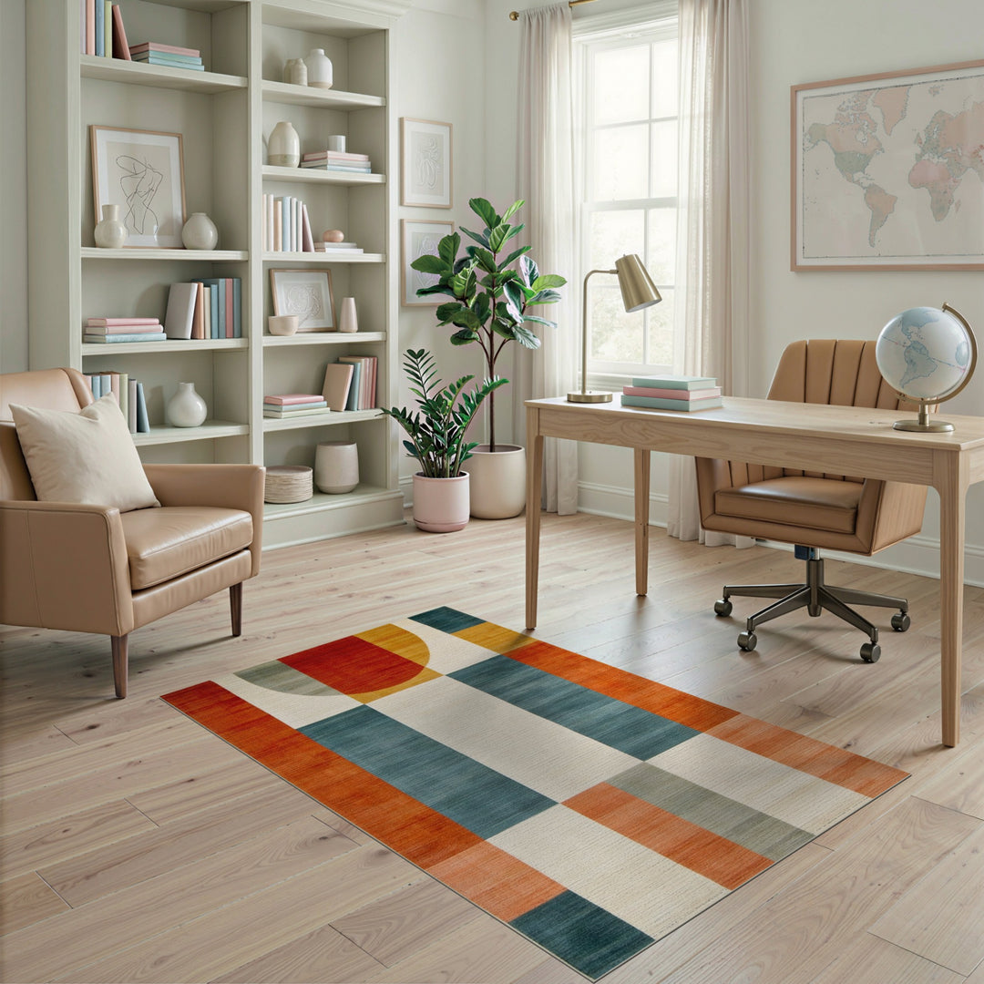 Bold Geometric Area Rug with Red Circle Motif