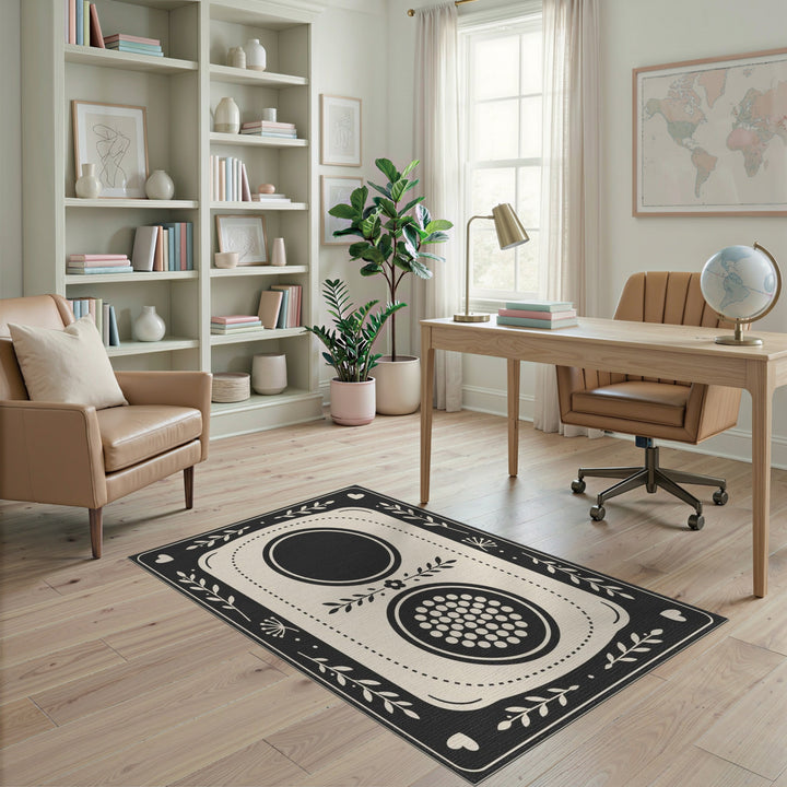 Black White Geometric Floral Area Rug