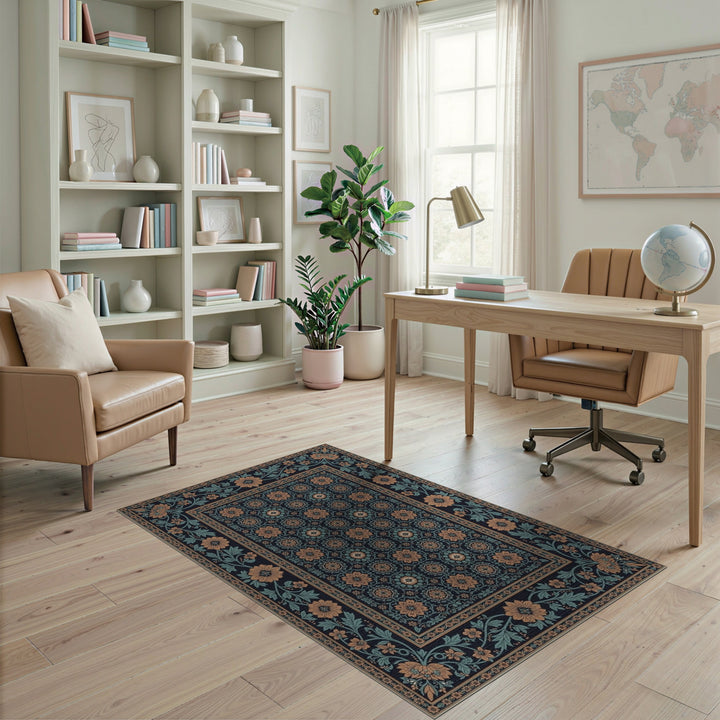 Navy Teal Floral Vintage Area Rug
