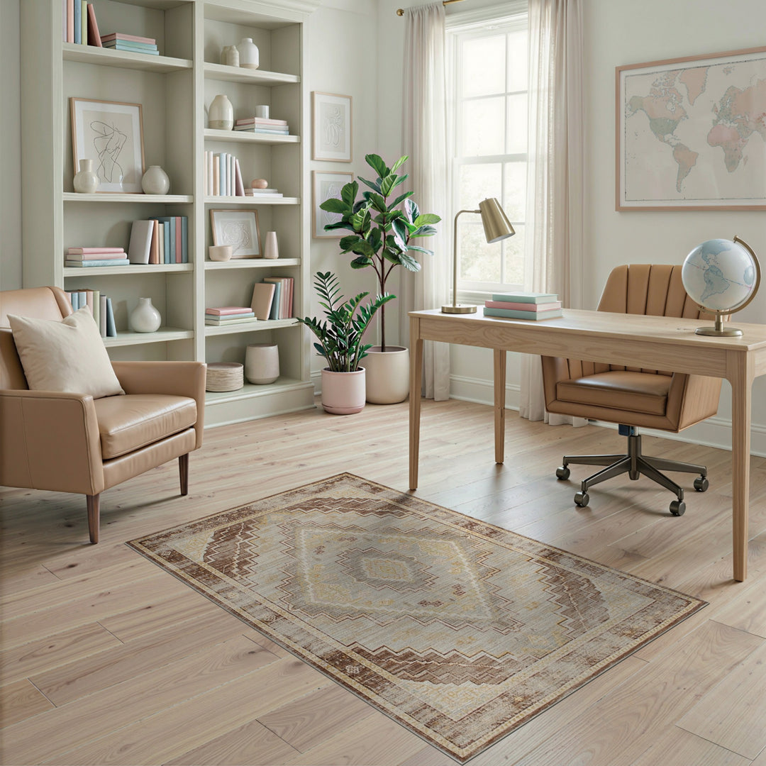 Brown and Tan Distressed Vintage Brown Geometric Area Rug