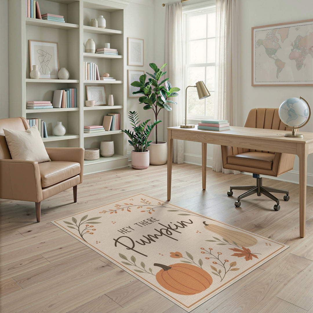 Beige and Neutral Rustic Farmhouse Hey There Pumpkin Beige Area Rug