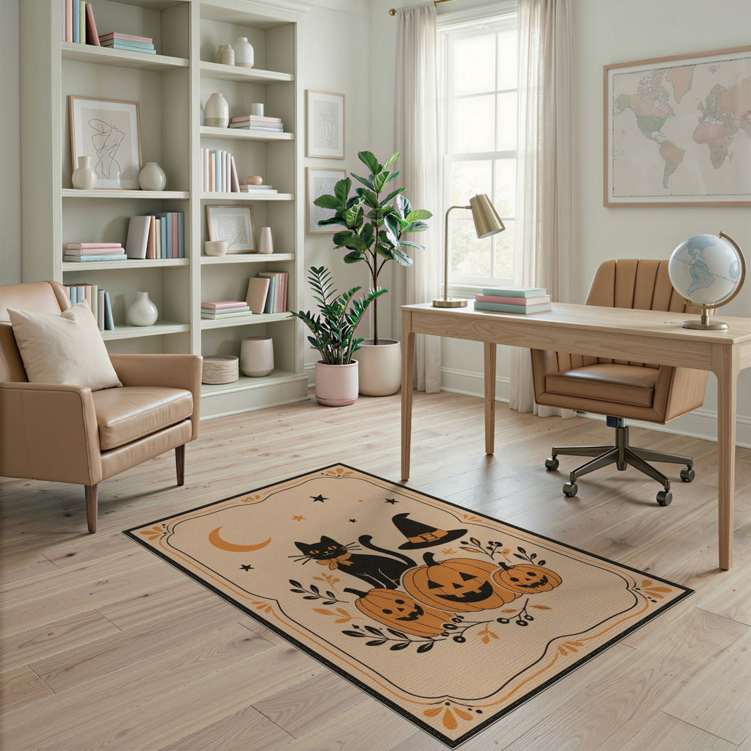 Beige and Neutral Halloween Black Cat Pumpkin Area Rug