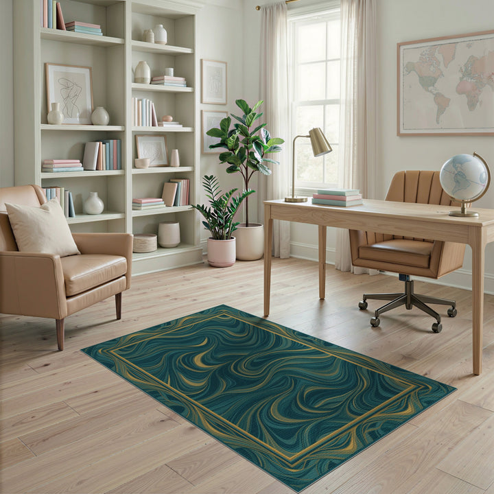 Abstract Area Blue and Teal Gold Swirl Abstract Area Rug