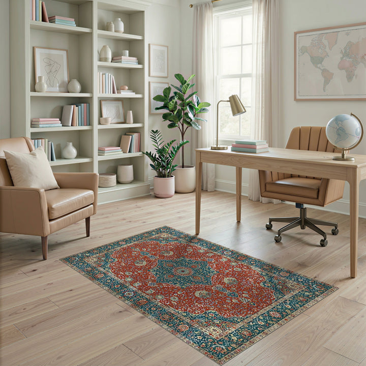 Red Traditional Persian Red Teal Persian Medallion Area Rug