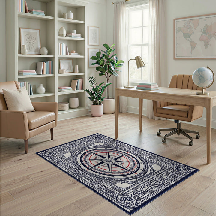 Nautical Compass Rope Border Area Rug