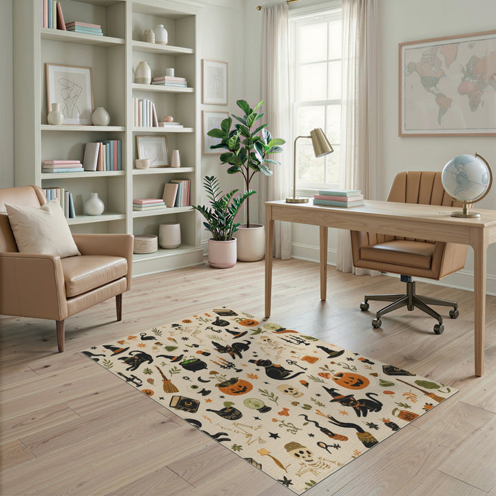 Beige and Neutral Spooky Black Cat Halloween Area Rug