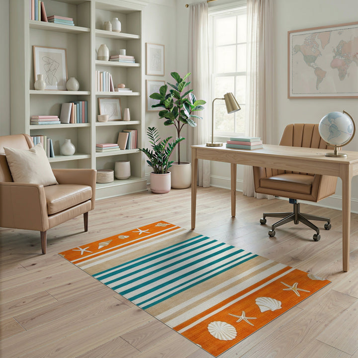 Teal Striped Coastal Seashell Area Rug