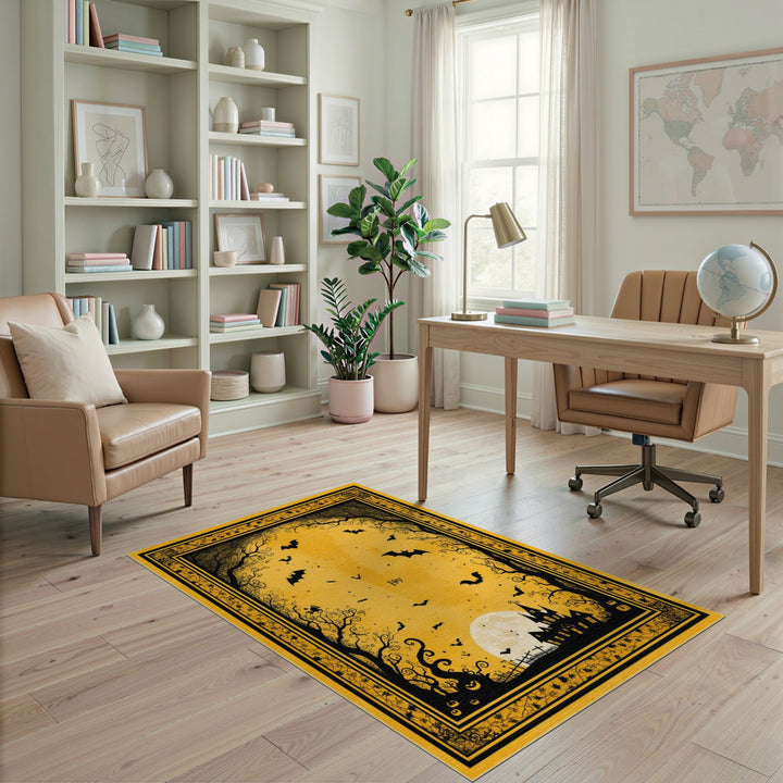 Yellow Halloween Haunted House Kids Cartoon Area Rug