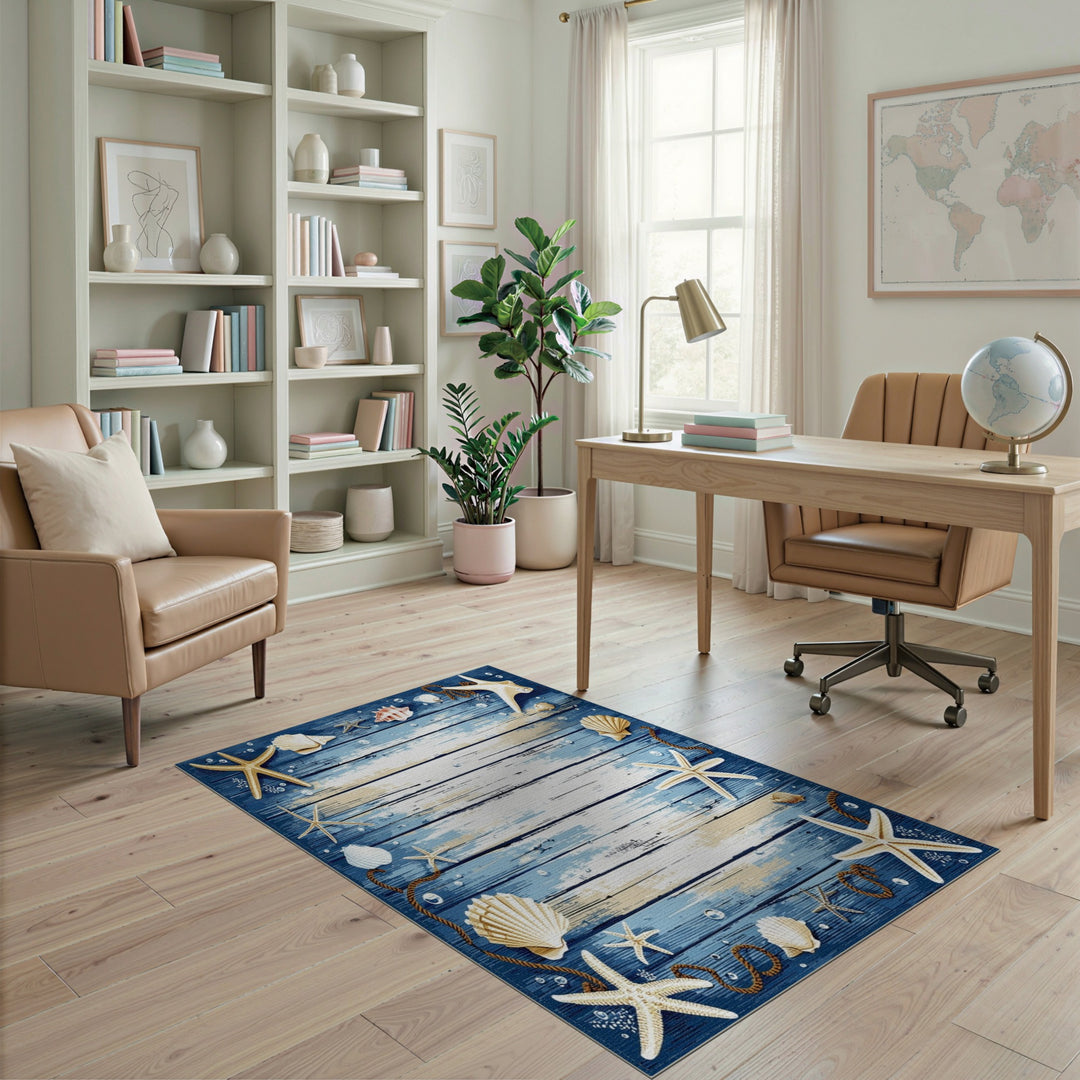 Blue and Teal Coastal Blue Starfish Seashell Area Rug