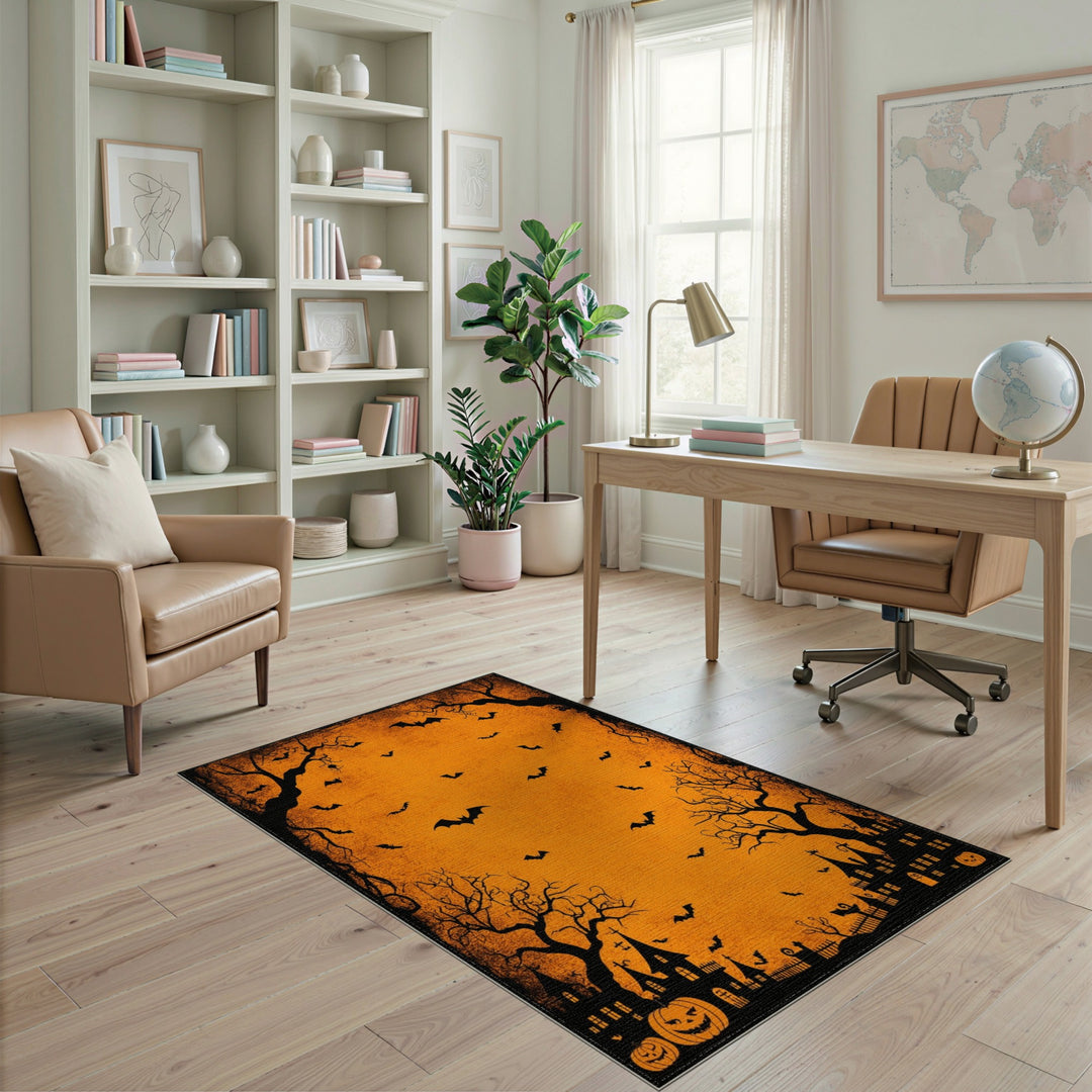 Halloween Bats Haunted House Orange Area Rug