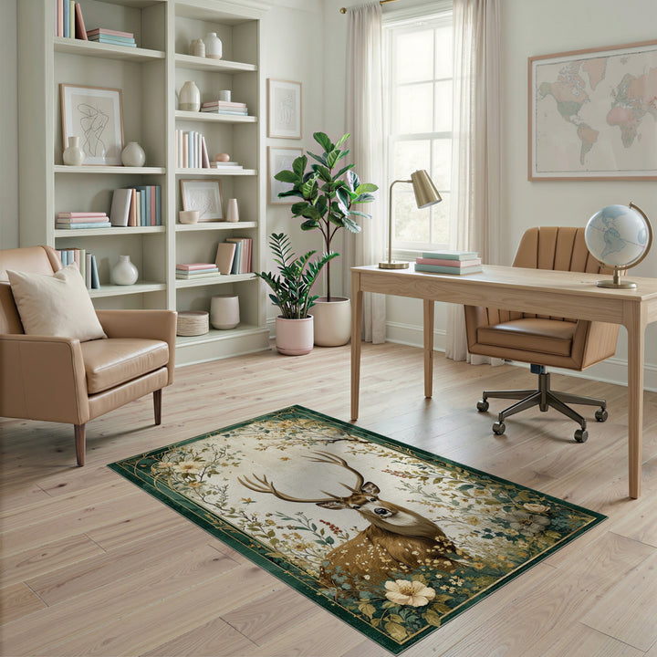 Vintage Buck Deer Floral Area Rug