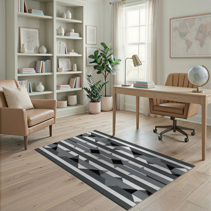 Black White Geometric Striped Area Rug