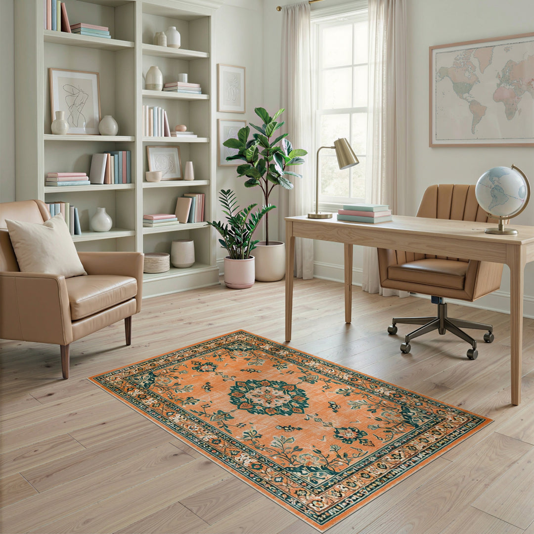Orange Floral Vintage Medallion Area Rug