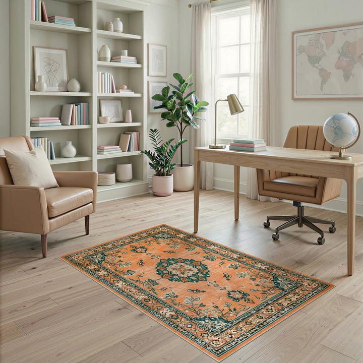 Orange Floral Vintage Medallion Area Rug