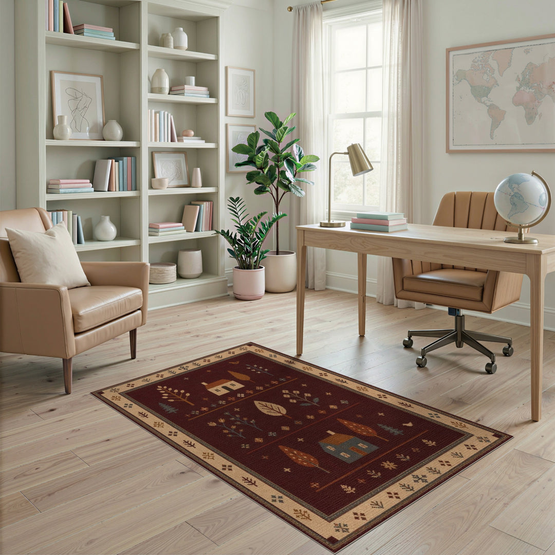 Red Rustic Farmhouse Area Rug with Houses and Trees