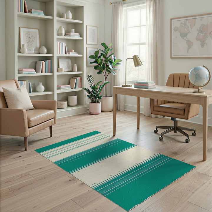 Teal Geometric Striped Washable Area Rug
