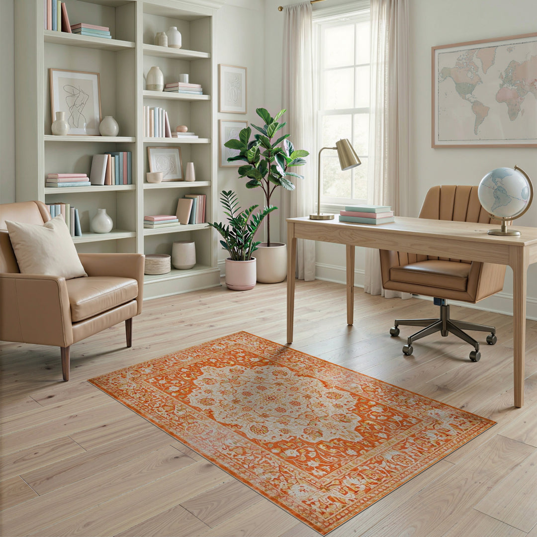 Orange Floral Persian Traditional Persian Area Rug