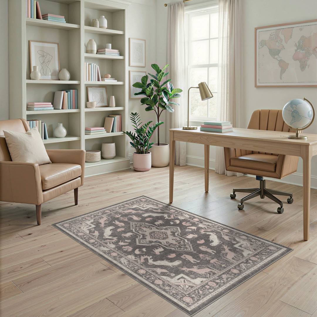 Pink Distressed Animal Motif Area Rug