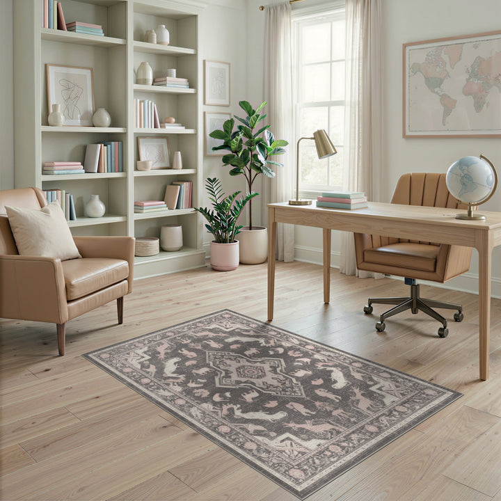 Pink Distressed Animal Motif Area Rug