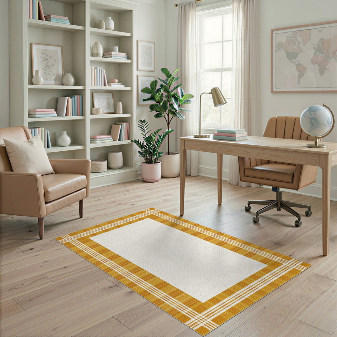 Yellow Plaid Border Washable Area Rug