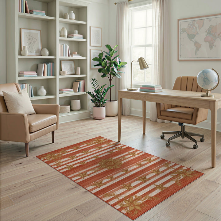 Red Striped Gold Star Floral Area Rug