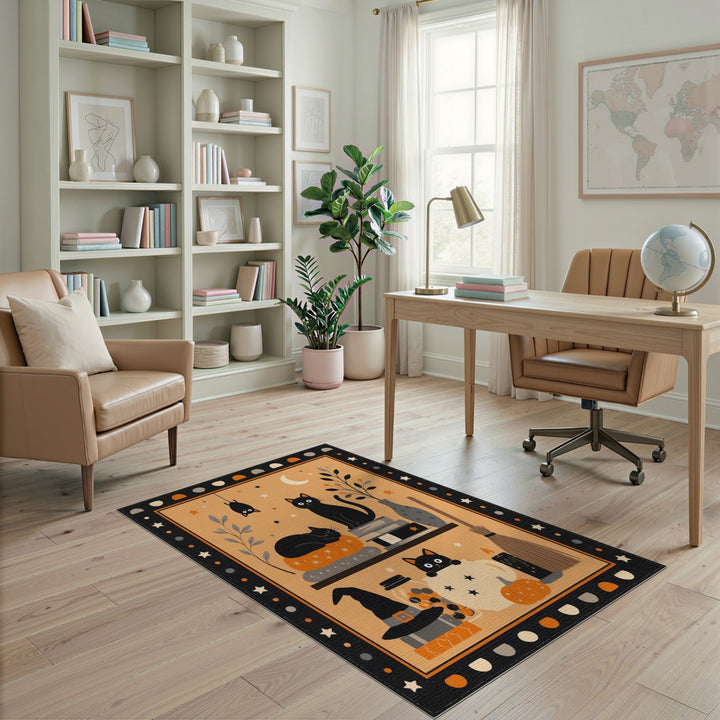 Multi-color and Patterns Black Cat Halloween Washable Area Rug