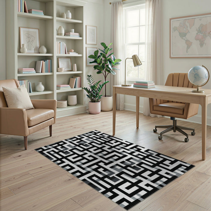 Black White Geometric Maze Area Rug