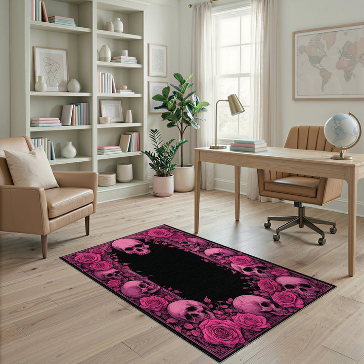 Pink Roses and Skulls Area Rug