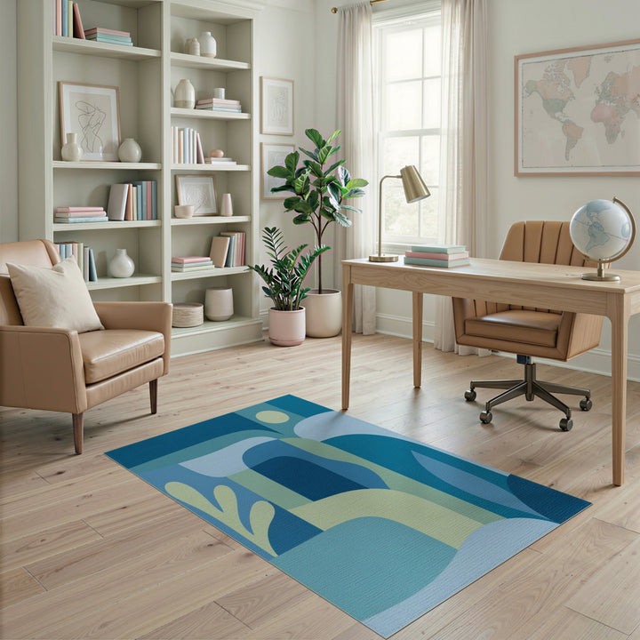 Blue Teal Abstract Washable Area Rug