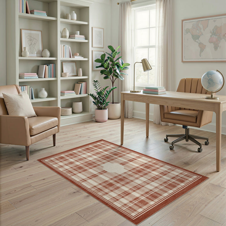 Brown Plaid Area Rug with Ivory Center Motif