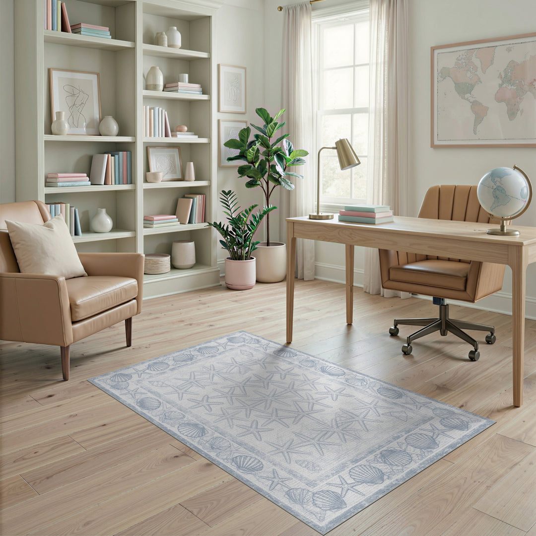 Blue Coastal Starfish Seashell Washable Area Rug