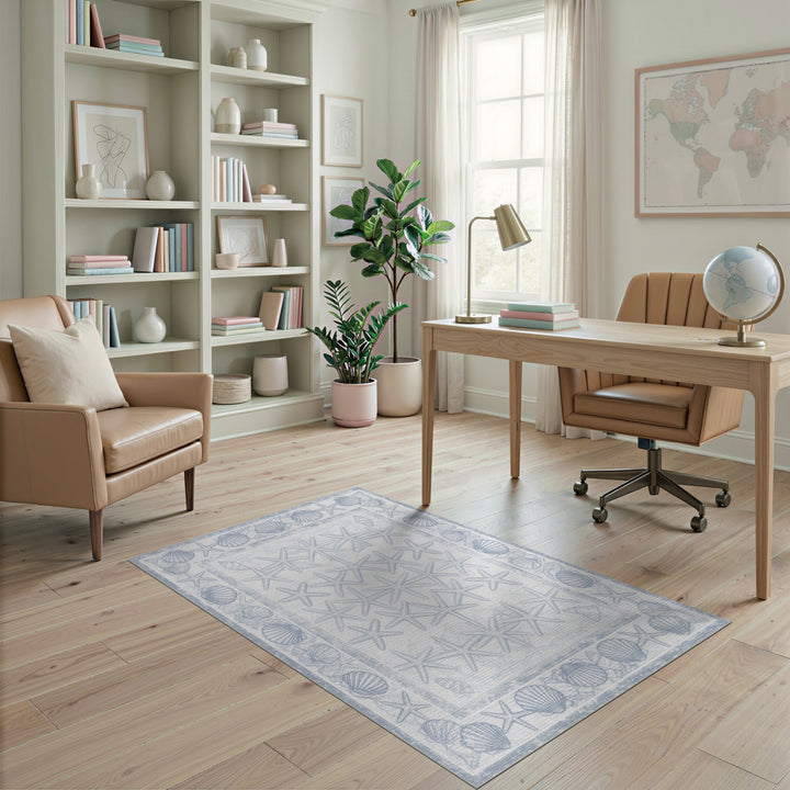 Blue Coastal Starfish Seashell Washable Area Rug