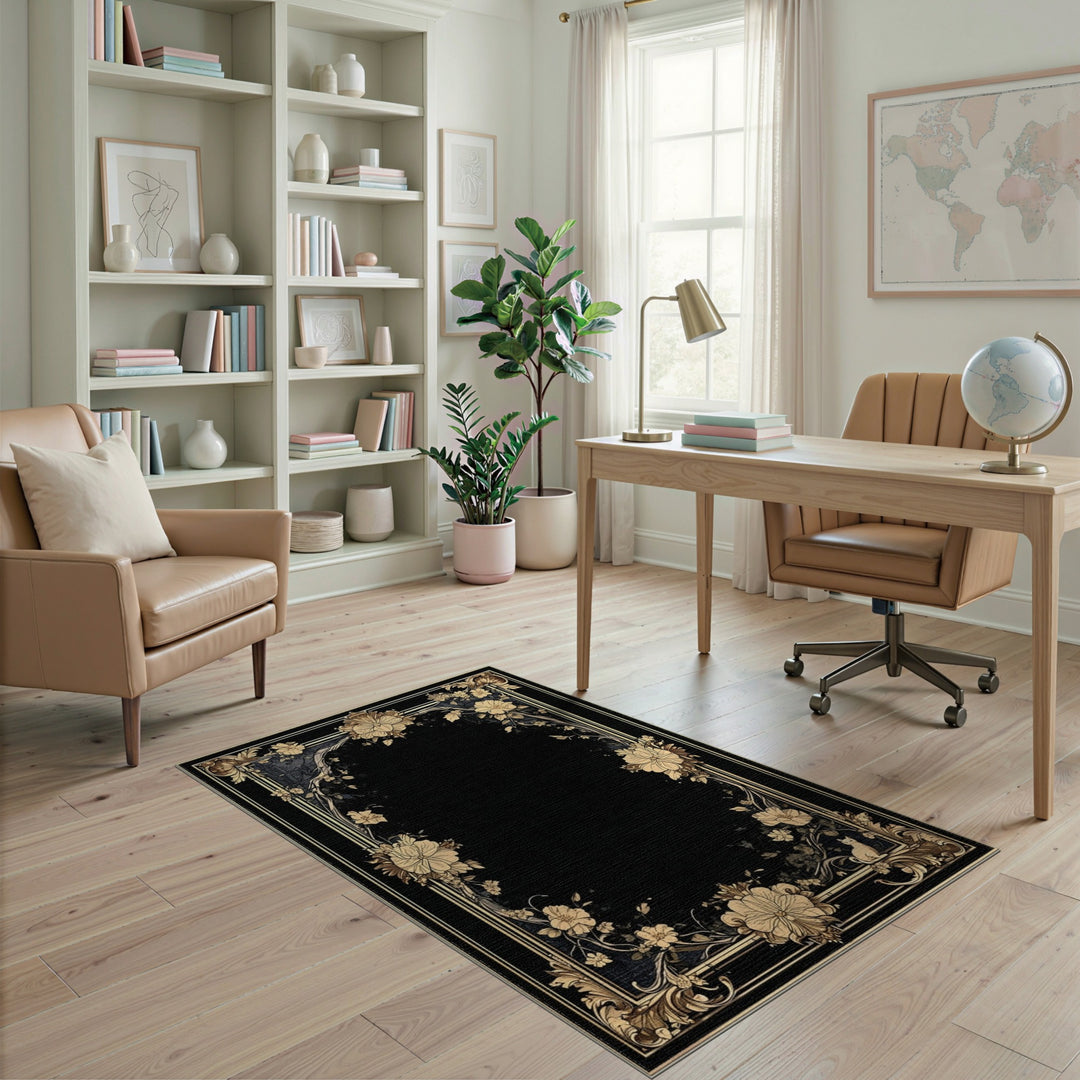 Black Floral Vintage Area Rug with Gold Border